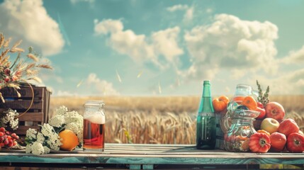 Erntedankfest. Harvest festival in Germany. Fruits, vegetables and beer against a background of a wheat field and blue sky. Horizontal poster. Free space for text. Thanksgiving and Autumn concept