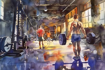 Vintage gym scene with weightlifters
