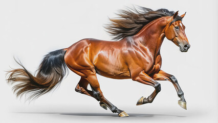 Obraz premium Magnificent brown horse in full gallop, mane flowing in wind, isolated on transparent background, showcasing powerful muscles and majestic beauty in motion.