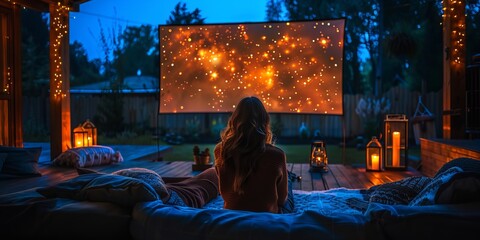 Family enjoying backyard movie night for National Movie Night, August 18th, cozy blankets, big screen, starlit sky
