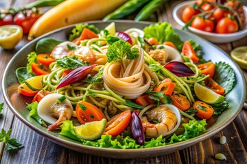 Vibrant warm salad with shrimps, spaghetti, tomatoes, lettuce, herbs and lime