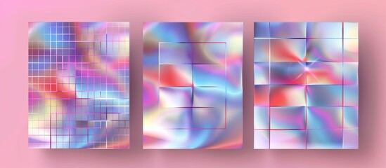 Three abstract, holographic panels with a fluid iridescent design
