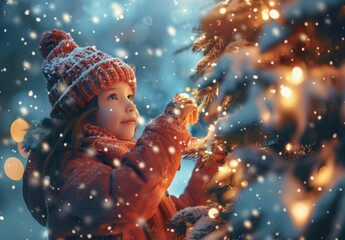 Child Admires Christmas Lights in Snow