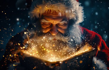 Fototapeta premium Santa Claus Opens A Gift Box With Magic