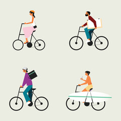 Characters Riding Different Types Of Bicycles. Vector Illustration Depicts Diversity, Lifestyle, And Outdoor Activities