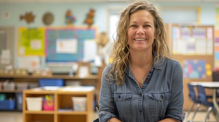 Smiling female special education teacher in casual attire in a classroom filled with special educational materials highlighting dedication to special needs education