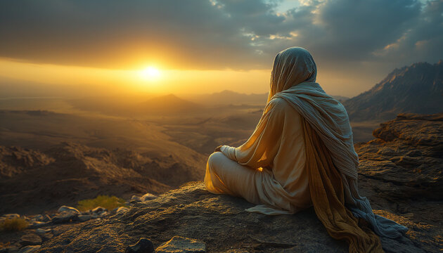 Imagem Realista e Cinematogr&aacute;fica de Jesus Cristo Orando no Monte Sinai com Detalhes Hiper-Realistas e Ilumina&ccedil;&atilde;o &Eacute;pica IA Generativa