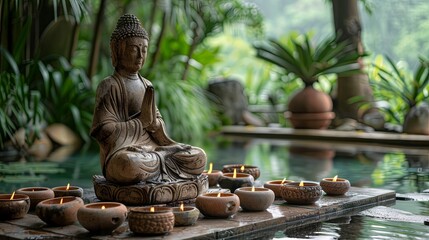 Serene Buddha Statue Meditation by a Tranquil Pool at a Wellness Retreat