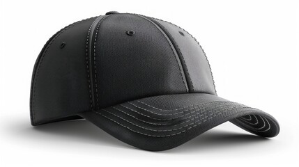 black baseball cap with a leather finish. The cap features a curved brim and detailed stitching on the brim and crown.