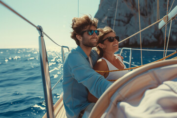 couple on the yacht, young couple while sailing on a sailboat in the blue sea, in the style of photo