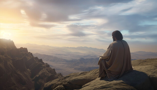 Imagem Realista e Cinematogr&aacute;fica de Jesus Cristo Orando no Monte Sinai com Detalhes Hiper-Realistas e Ilumina&ccedil;&atilde;o &Eacute;pica IA Generativa