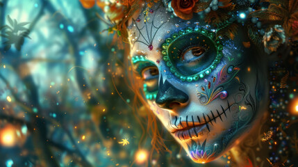 Sugar skull girl in a mystical atmosphere. She has sugar skull makeup and wears a costume. It's Day of The Dead.