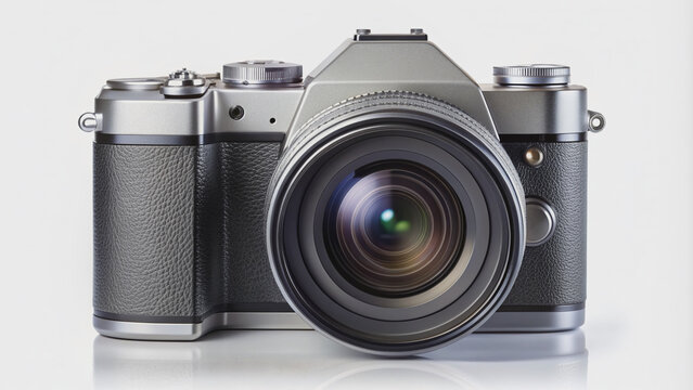 Sleek modern single-lens reflex camera with metallic body and black accents isolated on a pure white background, showcasing sleek design and advanced technology.