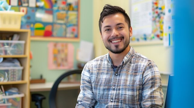 Portrait of a male speech therapist in casual clothes smiling warmly in a therapy room with speech development tools, highlighting compassion and expertise in speech therapy taken from the waist up