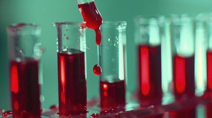 Close up of pipette dripping blood on light green background with blood vials in laboratory for analysis