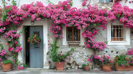   A house adorned with pink flowers lining its exterior and potted plants gracefully framing its sides
