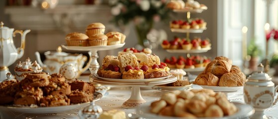 Afternoon tea spread with finger sandwiches, scones, and pastries