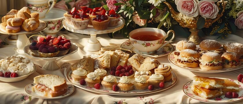 Afternoon tea spread with finger sandwiches, scones, and pastries - Powered by Adobe