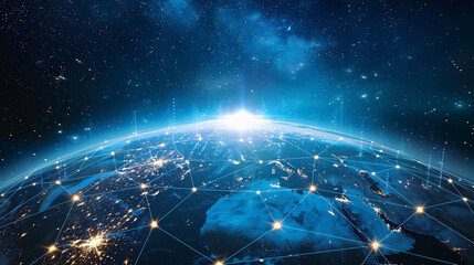 Global network connection covering the Earth with links symbolizing innovative perception. This concept includes international trading, digital investment, 5G global wireless connections