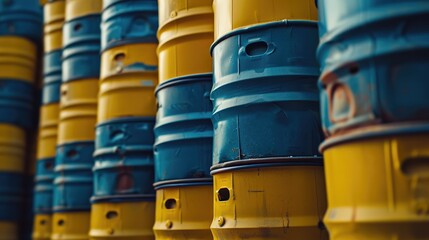 Stacked yellow and blue 200 liter chemical barrels in a side perspective view