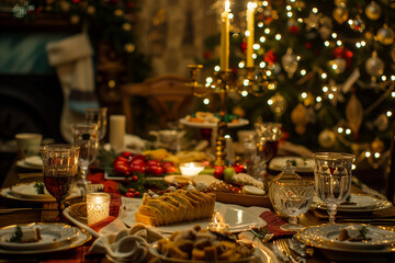 A beautifully set Christmas dinner table, with rich food and decorations, illuminated by warm candlelight against the backdrop of a decorated tree