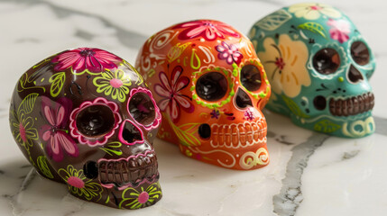 Fototapeta premium Vibrant Mexican chocolate skulls with intricate flower patterns are perfect for adding a touch of culture and art to your festive food displays.