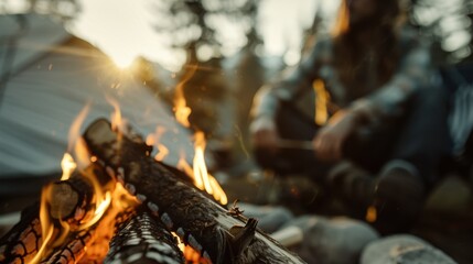 A tranquil scene showcasing a cozy campfire emitting warm light amid a forest setting, with a person sitting in the background enjoying the peaceful ambiance.