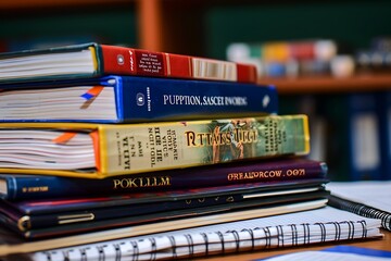A stack of political science textbooks and debate club notebooks, fostering critical thinking and civic engagement.