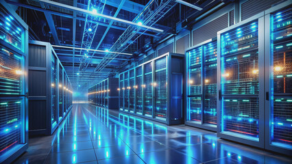 Sleek, modern data center with glowing blue servers and wires, surrounded by futuristic holographic displays and neon lights, depicting advanced data processing and analysis.