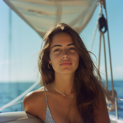 half body portrait of a brunette woman on a yacht, sailing, boat, yacht,