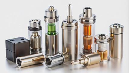 Close-up of various e-cigarette device components, including batteries, coils, and tanks, arranged in steps on a white background, illustrating assembly process.