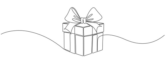Gift box one line drawing. Continuous one line gift box.Presents with ribbon bow.Hand drawn greeting present box.Line art christmas surprise.