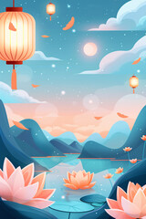 Floating in the sky is the Kongming lantern poster illustration of the Hungry Ghost Festival
