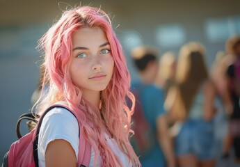 Fototapeta premium Teenage Girl With Pink Hair At School