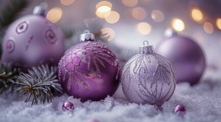 Purple Christmas Ornaments on White Snow