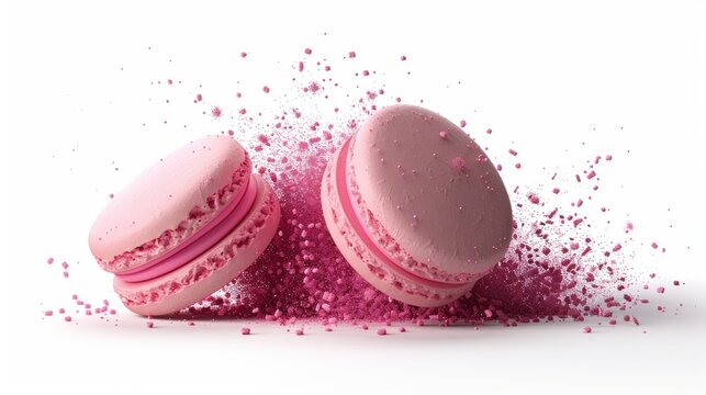 Two pink macarons burst apart, creating a cloud of pink dust and crumbs.
