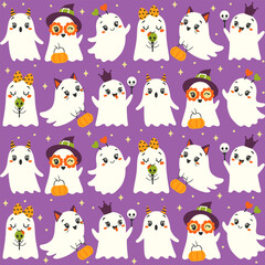 Vector set and seamless pattern of cute girl ghosts in costumes on purple background in cartoon flat style for Halloween designs, wrapping paper, packaging, fabric.