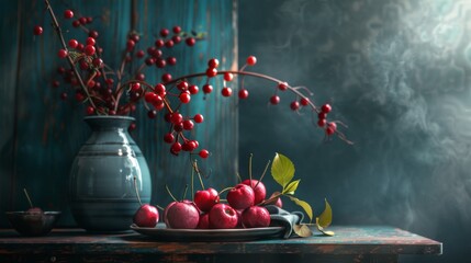 Still life with vase of red berries and apples © Juan