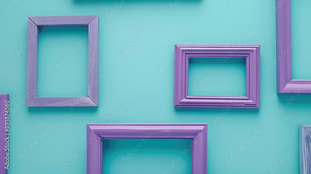 Poster wooden purple frames on bright blue background mockup with copy space