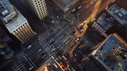 Obraz premium A bustling city intersection seen from above. Cars navigate the busy roads, surrounded by buildings. The evening light casts a warm glow on the scene.