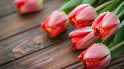 Close up of tulip flowers on a wooden table represents flora gardening and plant idea
