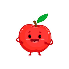 Cute happy smiling red apple. Flat cartoon fruit isolated on white. Illustration for kids, magazins, menu, market, cards. 