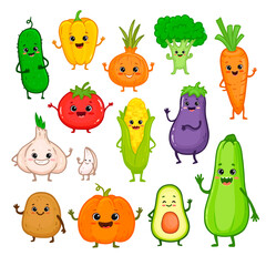 Fototapeta premium Set of cartoon vegetable characters. Cute broccoli, potato, carrot, tomato, pepper, eggplant, onion, cucumber, corn, avocado, pumpkin with arms and legs for kids. Food illustration. Menu.