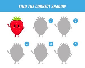 Find correct shadow of strawberry. Educational logical game for children. Berry. Cartoon strawberry character.