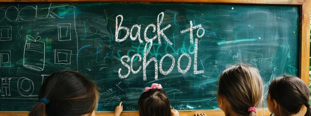 back to school written on blackboard with white chulk. decorated elementary classroom for young kids and students. kids from behind. wide banner wallpaper background for ads, web design, sites