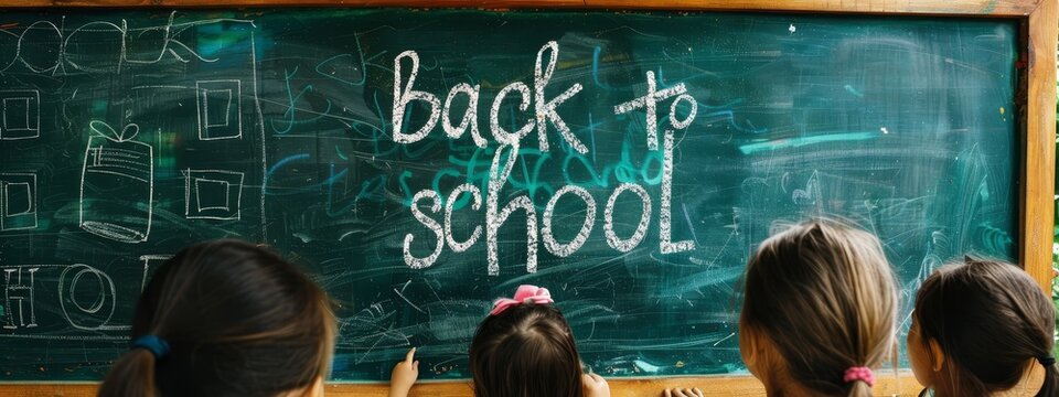 back to school written on blackboard with white chulk. decorated elementary classroom for young kids and students. kids from behind. wide banner wallpaper background for ads, web design, sites