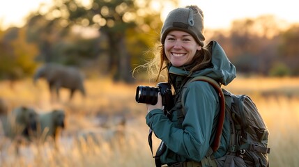 Fototapeta premium Smiling Female Wildlife Photographer in Outdoor Gear Capturing Nature and Wild Animals in Stunning Landscape