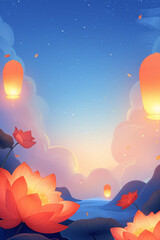 Floating in the sky is the Kongming lantern poster illustration of the Hungry Ghost Festival
