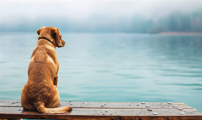 Camping trip with a dog. Travelling with a tent. Summer vacation and holiday concept. Dog-friendly camping. Pet-friendly vacation rental. Banner with copy space.