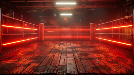 boxing ring sits empty under glowing red lights in a dark loft, with the anticipation of a fight night looming.